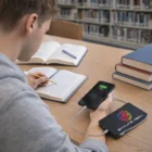 Someone charges their phone with a Silchester Wireless Power Bank while studying in a library.