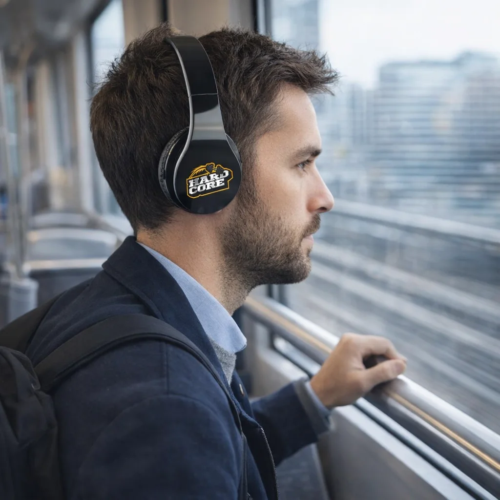 Man with Navan Premium Branded Headphones gazes out train window, city skyline blurred behind.