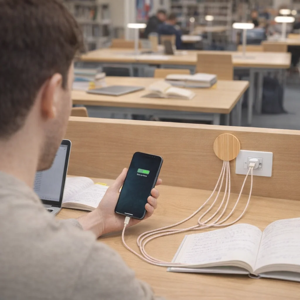 Person charging devices with Eco-Friendly Round Bamboo Charging Cables while studying.