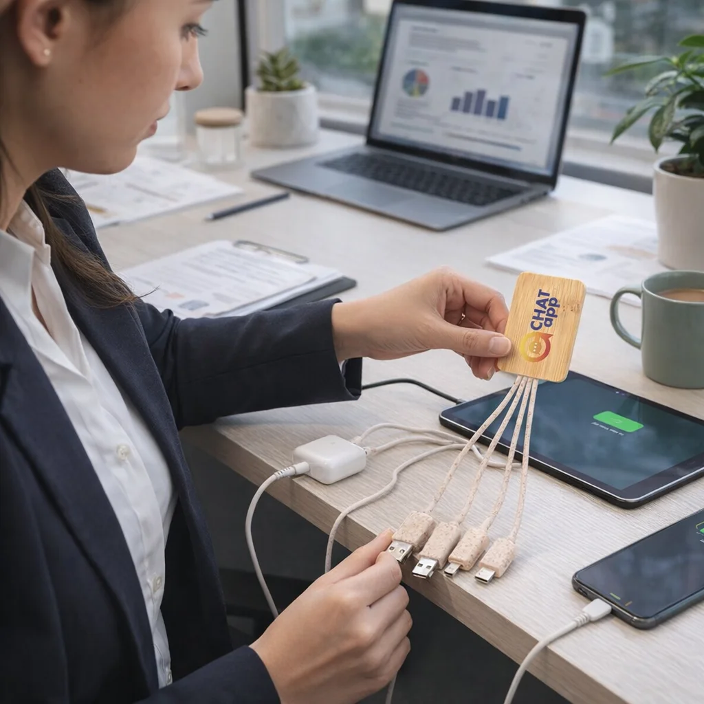A woman uses Square Bamboo Charging Cables with a wooden USB charging hub at her desk.
