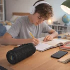 A boy with headphones studies at a desk while his Black Bluetooth Speakers sit nearby.