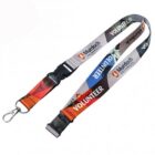 Colorful Murdoch University volunteer lanyard with a metal clip and plastic buckle.