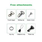 Six types of free attachments: thumb trigger, bulldog clip, J-hook, key ring, loop, plastic clip.