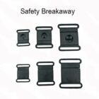 Six black plastic safety breakaway buckles in various sizes on a white background.