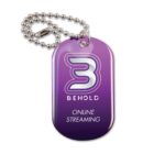 Purple dog tag keychain with Behold logo and text ONLINE STREAMING.