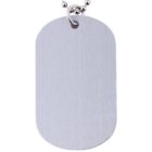A blank silver dog tag on a ball chain necklace against a white background.