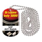 Dog tag necklace with Brisbane Indy 5000 VIP PIT PASS and a checkered flag design.