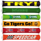 Six colorful inflatable cheer sticks with sports and promotional messages and team logos.