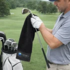 Golfer cleans a club with Golf Embroided Towels beside a golf bag on the grass.