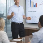 Man presenting sales charts in a meeting, wearing Vic Men's Cvc Oxford Short Sleeve Shirt.