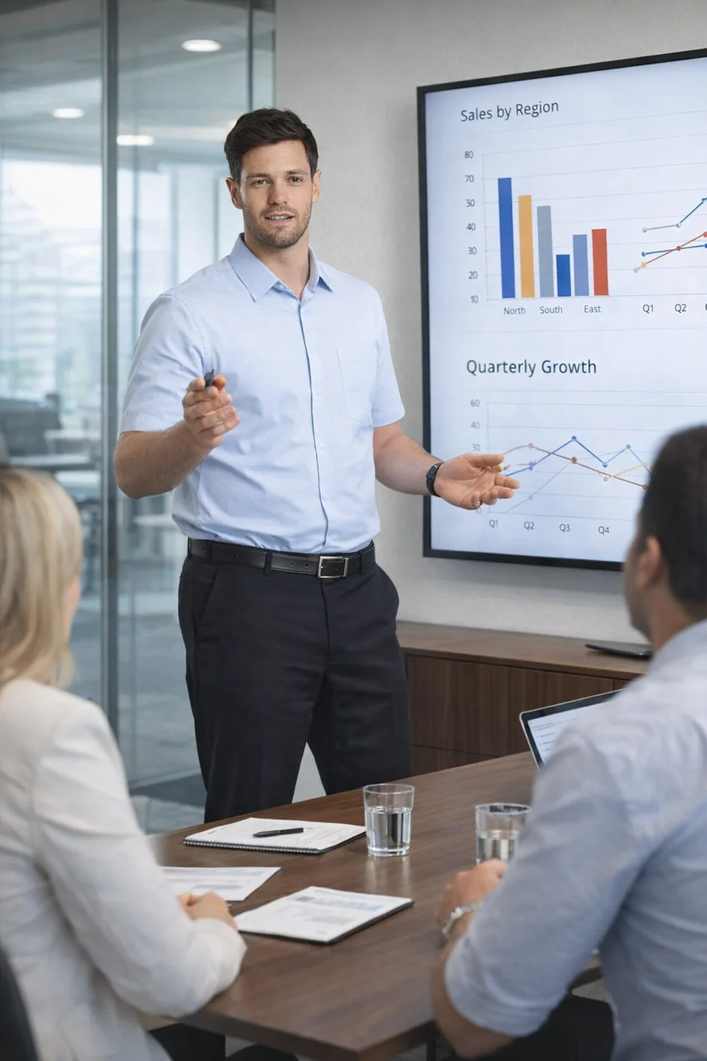 Man presenting sales charts in a meeting, wearing Vic Men's Cvc Oxford Short Sleeve Shirt.