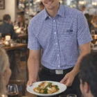 Smiling waiter in Gie Iii Men's Gingham Check S/S Shirt serves a meal in a warmly lit restaurant.