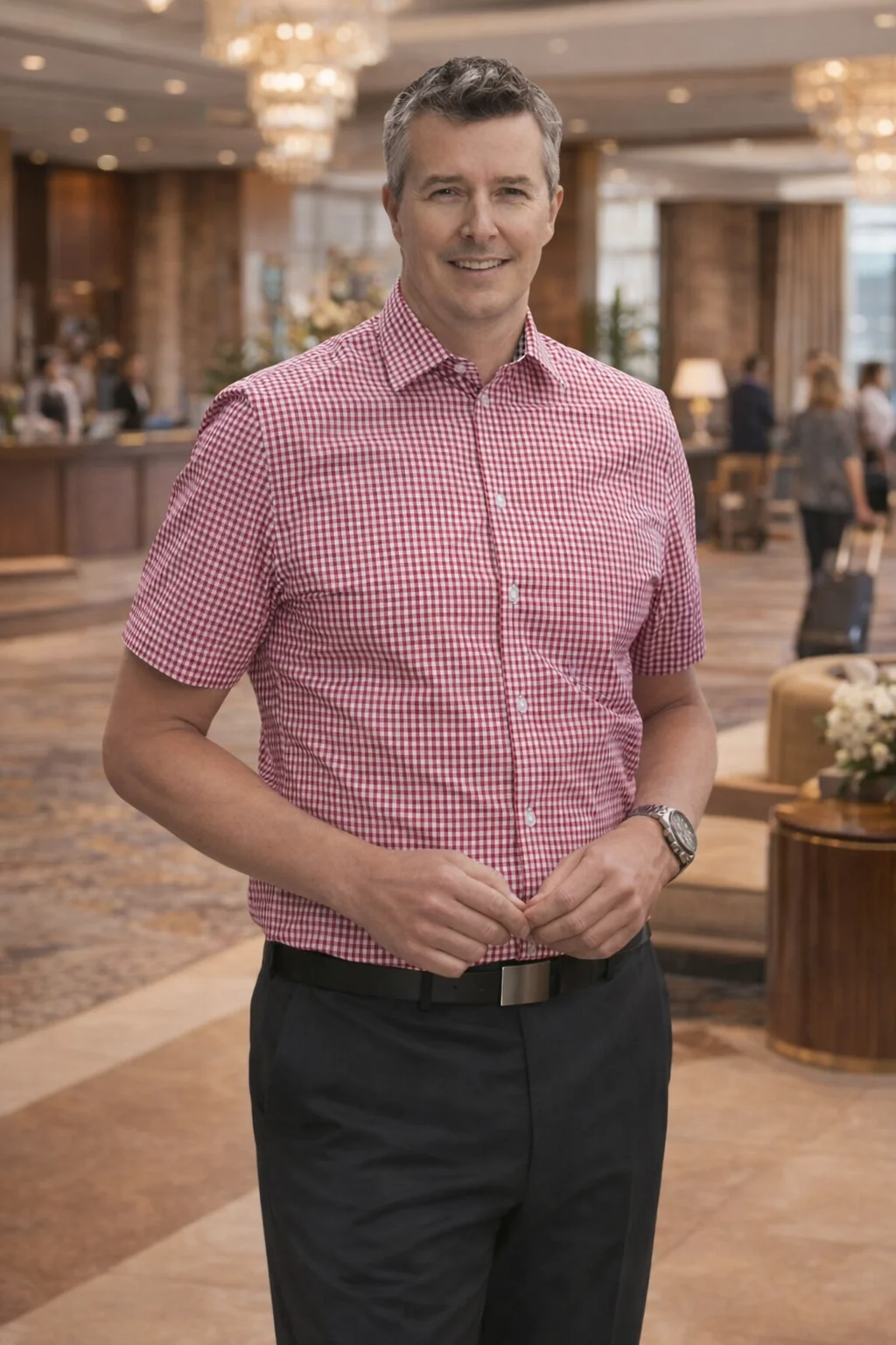 Smiling man in a Lee Ii Men's Gingham Check S/S Shirt stands in a hotel lobby.