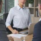 Woman in Womens Fine Strip Quarter Sleeves sits at desk, talking to two people.