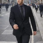 Man in a Corporate Mens Wool Stretch Jacket walks confidently on a busy city street.