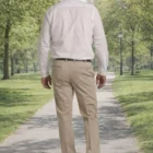 Man in Gents Chino Pants and white shirt walks down a tree-lined park path, seen from behind.