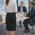 Woman in Personalised Lined Pencil Skirt presenting to two men at a conference table.