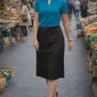 Woman in teal shirt and Personalised A-Line Skirt at an outdoor market with fresh produce.