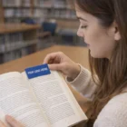 Woman reading, placing stylish Magnetic Bookmarks with custom logo on the page.