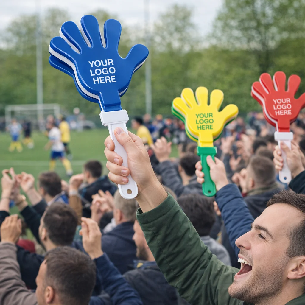 Fans cheer at sports events, waving Mega Klappers featuring your logo.