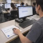 Person using Thicker Budget Promotional Mouse Pad that says It's your career in a classroom.