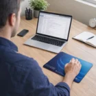 Person using Large Positionable Corporate Mouse Pads at a desk with laptop, notebook, and phone.