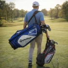 Man carrying Taylormade Select Lx Blue White Cart Bags on a golf course, walking away.