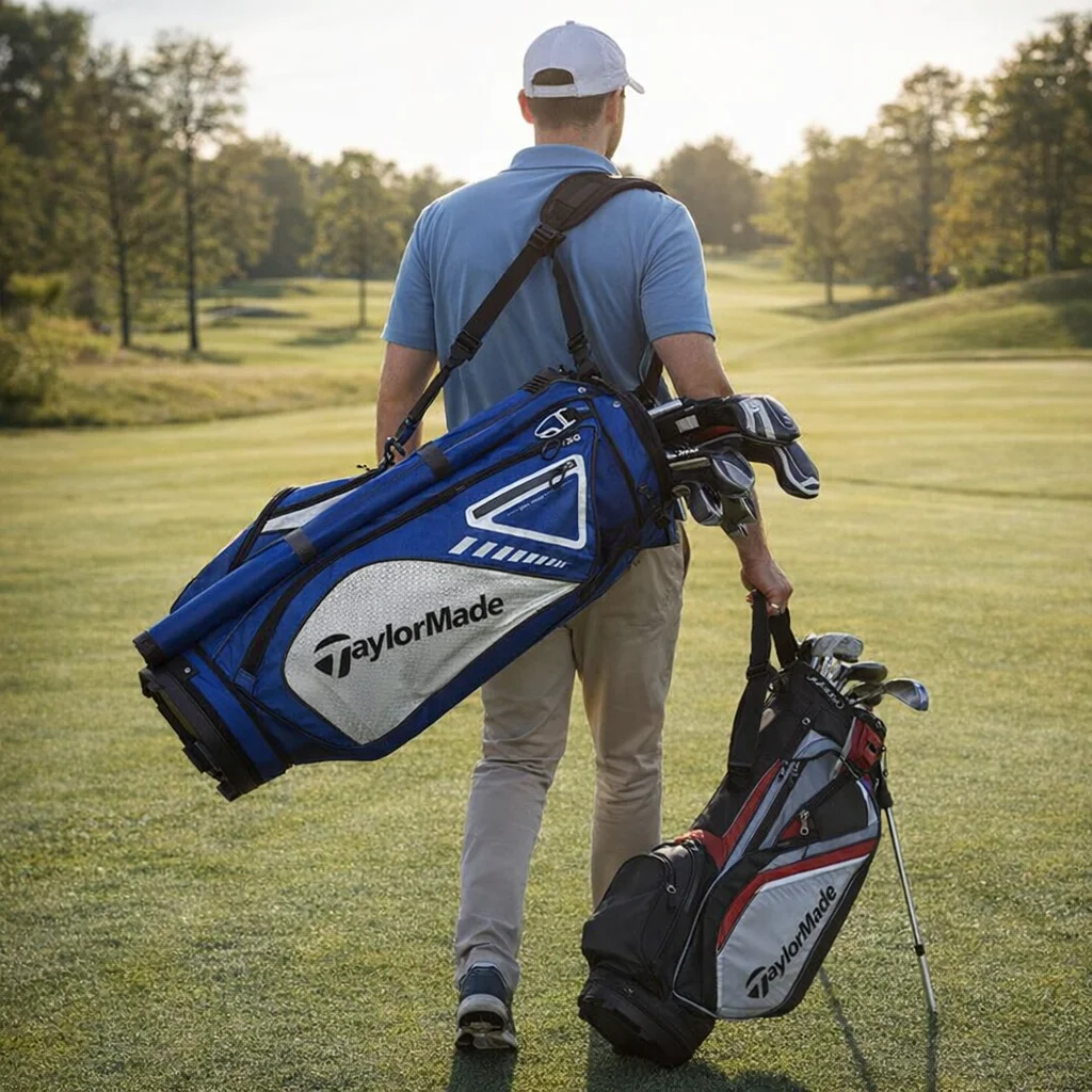 Man carrying Taylormade Select Lx Blue White Cart Bags on a golf course, walking away.