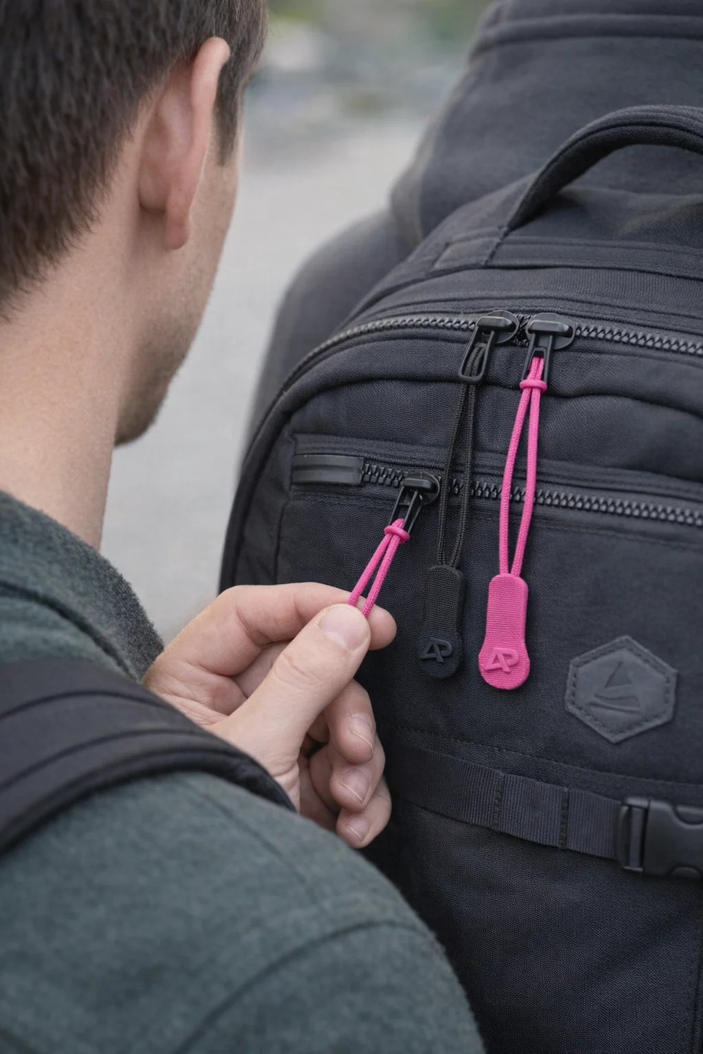 Person holding Classic Zip Pullers Accessories in pink on a black backpack worn by someone else.