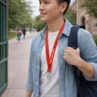 Young man outdoors with a backpack, wearing red Nylon Lanyards branded with YOUR LOGO HERE.