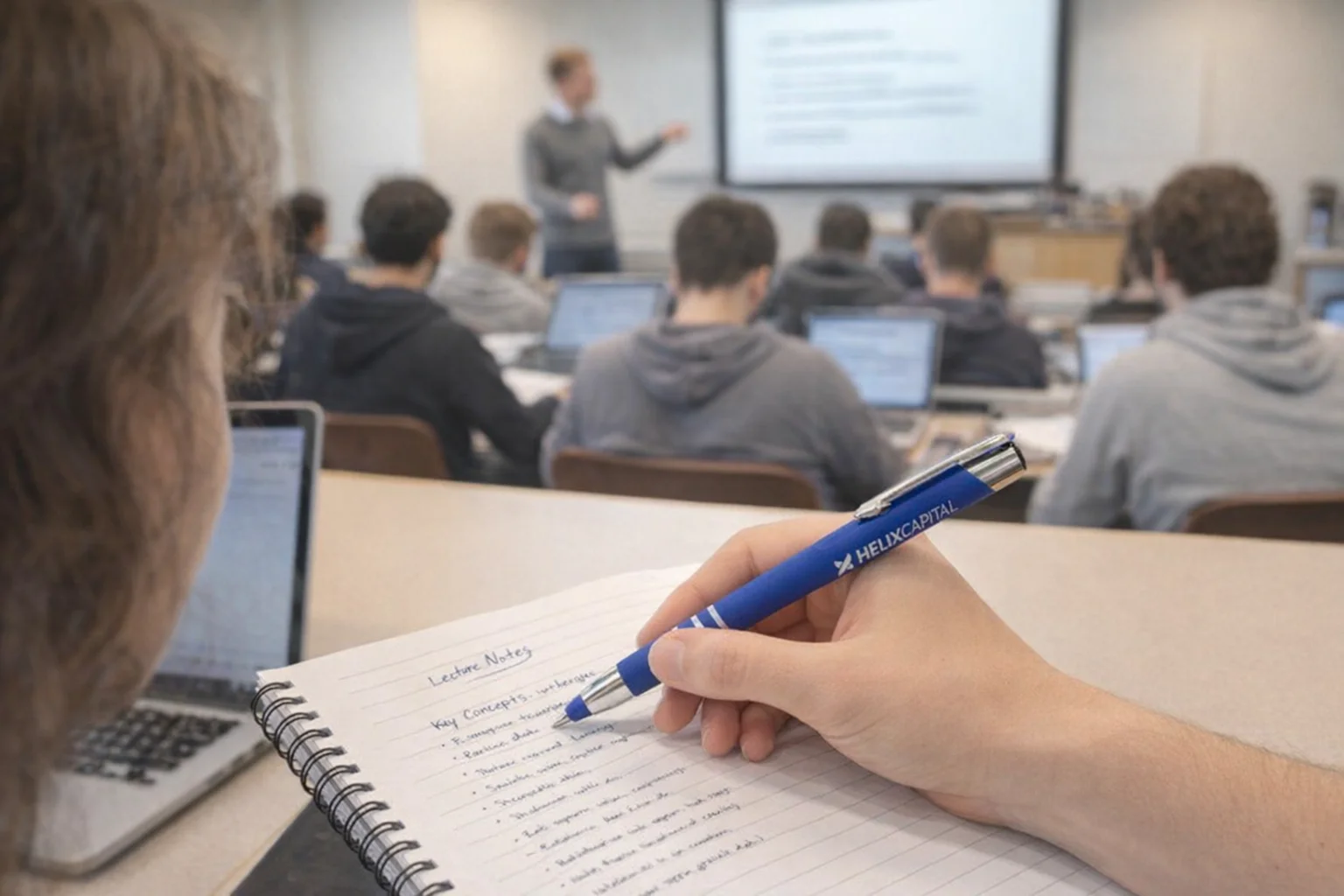 Student jotting notes with Gm Rubber Coating Stylus Pens as instructor teaches up front.