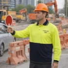 Worker in a Breathable Hi Vis Polo Cooldry Long Sleeves and helmet holding a stop sign onsite.