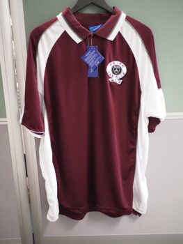 Maroon and white fitted apparel sports shirt with crest, hanging on a black hanger.