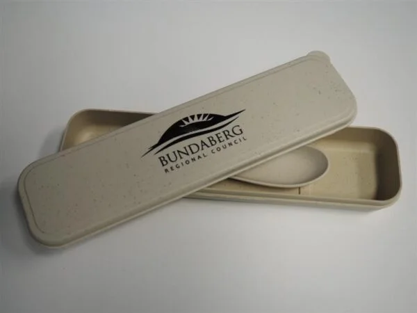 Beige cutlery case with Bundaberg Regional Council logo, ideal for community events and orders.