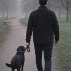 Man in a Mens Polar Fleece Zip Custom Printed Jacket walks a black dog on a foggy park path.