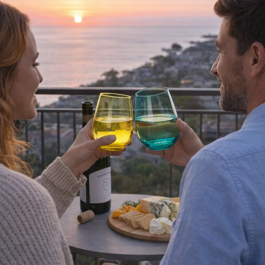 A couple toasts at sunset with Vevino Wine Glass Sets, enjoying wine and cheese together.