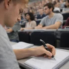 Student using Era Promotional Pens in a lecture hall with classmates seated in the background.