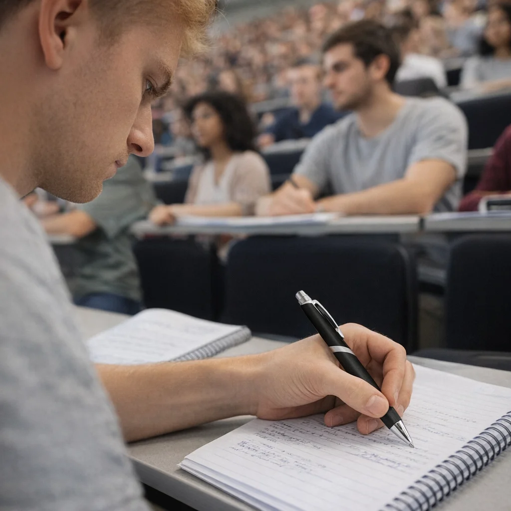 Student using Era Promotional Pens in a lecture hall with classmates seated in the background.