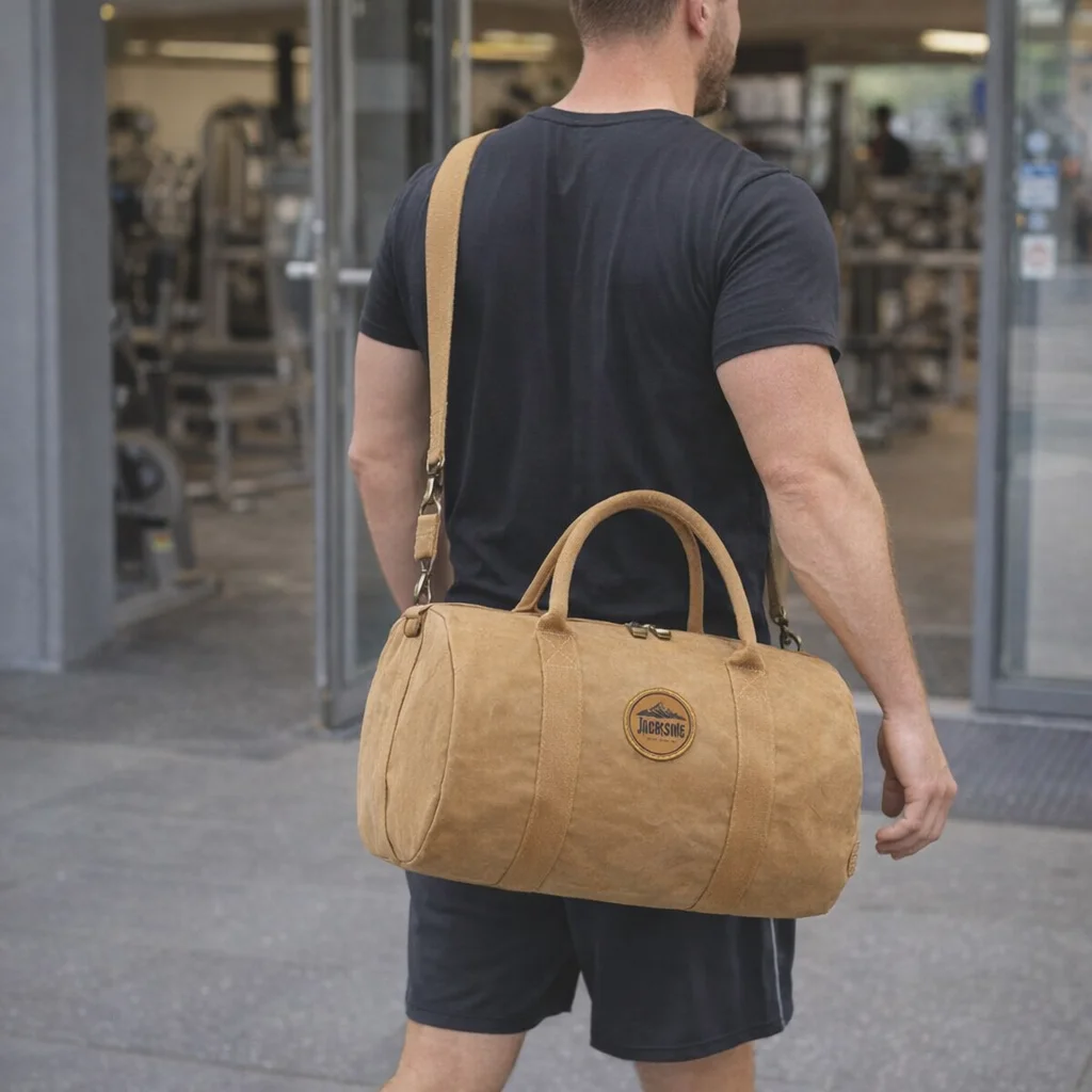 Man in black outfit carries Jakobson Kraft Paper Duffle Bag outside gym.