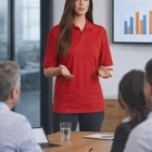 Person in Conference Polo Shirts Unisex presents bar graph to colleagues at a meeting.