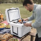 A man grabs drinks from Esky Cooler Boxes 31L at a picnic table with food outdoors.