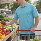 Man in Corporate Stretch Polo Mens shops for vegetables, holding a red bell pepper outdoors.