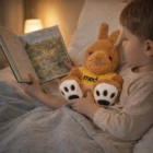 Child in bed reads with an Ozzy Promotional Plush Kangaroo wearing a yellow shirt.