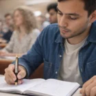 A student takes notes in class with a Parker Frontier Series pen while listening closely.