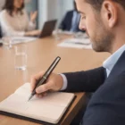 Man writing in a notebook with a Parker Latitude Series pen at a conference table.