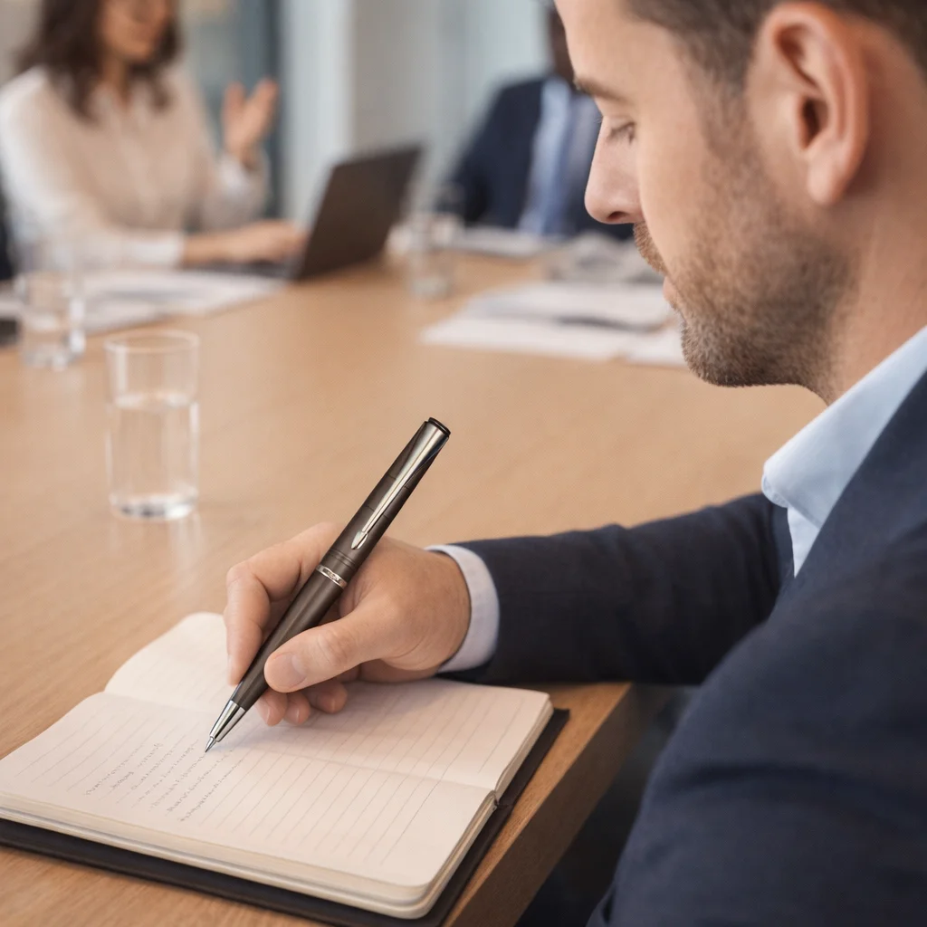 Man writing in a notebook with a Parker Latitude Series pen at a conference table.