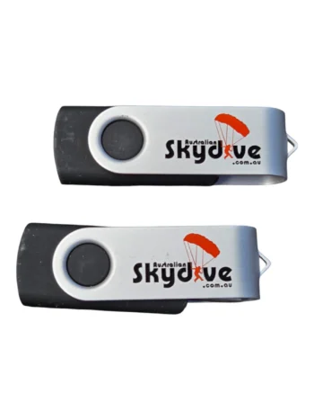 Two USB drives with Skydive logo, red parachute, and USB data preloading compatibility.