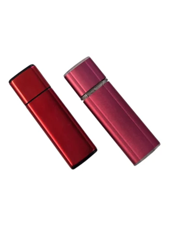 Two metallic red USB flash drives showcasing USB security on a white background.