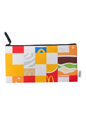 Rectangular pouch with a checkered pattern, black zipper, and custom logo printing available.