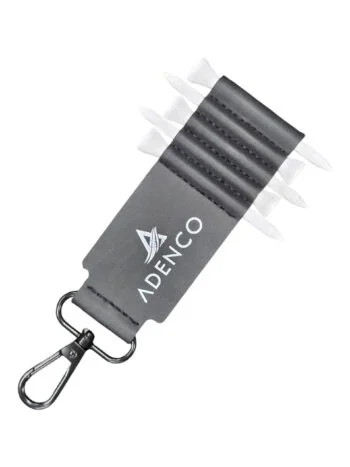 Gray leather golf tee holder with ADENCO logo; logos print differently on hard goods.